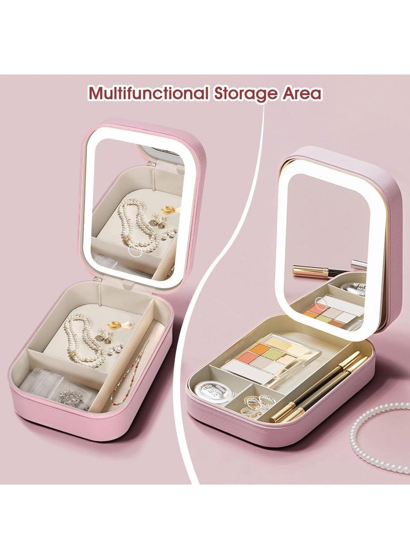 خاجول حقيبة مجوهرات وحقيبة مستحضرات تجميل مع مرآة للسفر ب 3 ألوان، حقيبة مجوهرات مضادة للغبار، حقيبة مرآة تجميل مدمجة، أساسيات السفر للنساء والفتيات (وردي) - Image 2