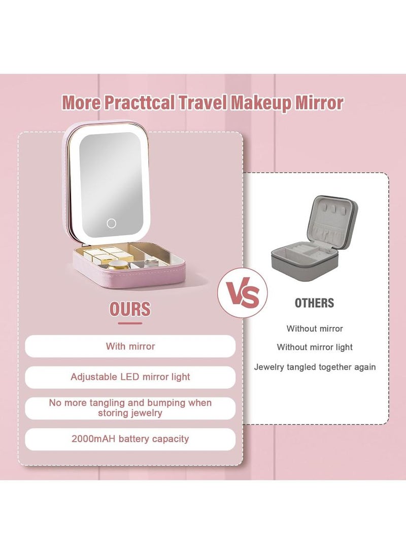 خاجول حقيبة مجوهرات وحقيبة مستحضرات تجميل مع مرآة للسفر ب 3 ألوان، حقيبة مجوهرات مضادة للغبار، حقيبة مرآة تجميل مدمجة، أساسيات السفر للنساء والفتيات (وردي) - Image 5