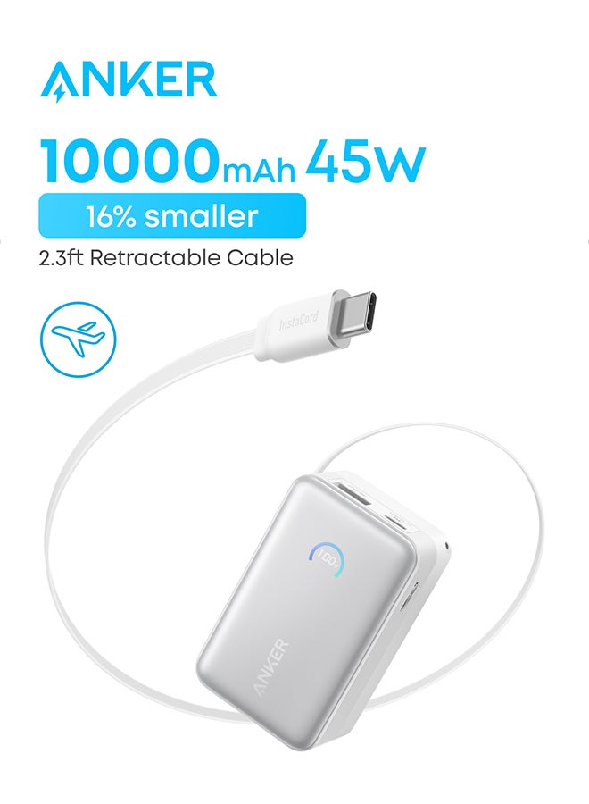 Anker 10000 mAh Nano Power Bank, Portable Charger With 2.3 ft InstaCord Retractable Cable, 45W Max Compact Battery Pack, Smart Display, for iPhone 16 Series, iPad, Galaxy, Pixel, and More - White