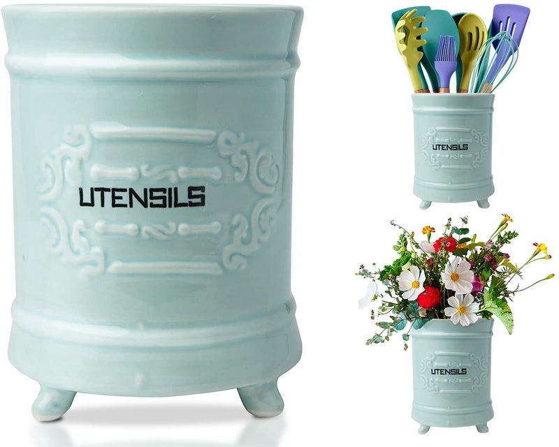 French Blue Ceramic Utensil Holder  Vintage Style Kitchen Utensil Caddy  Antique Design Cooking Utensil Organizer  Rustic French Country Utensil Crock for Cooking Enthuziast