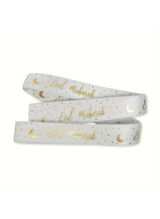 Eid Mubarak Decorative Ribbon, 2M White with Gold Foil Moon and Stars Pattern, Fabric Craft Ribbon for Ramadan (Black) - Image 1