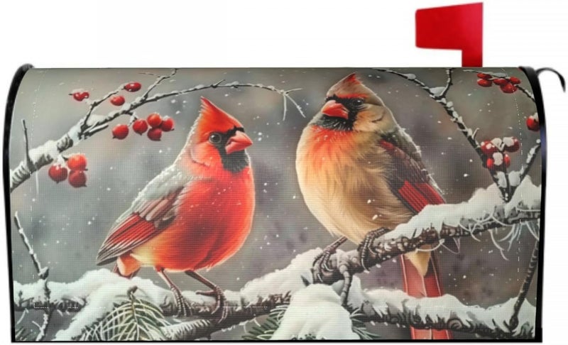 Farg Winter Cardinal Birds Mailbox Cover Winter Mail Box Covers Holly Berry Branches Snow Magnetic Mailbox Wraps Post Letter Box Wrap 18X 21 for Garden Outdoor Decor - Image 1