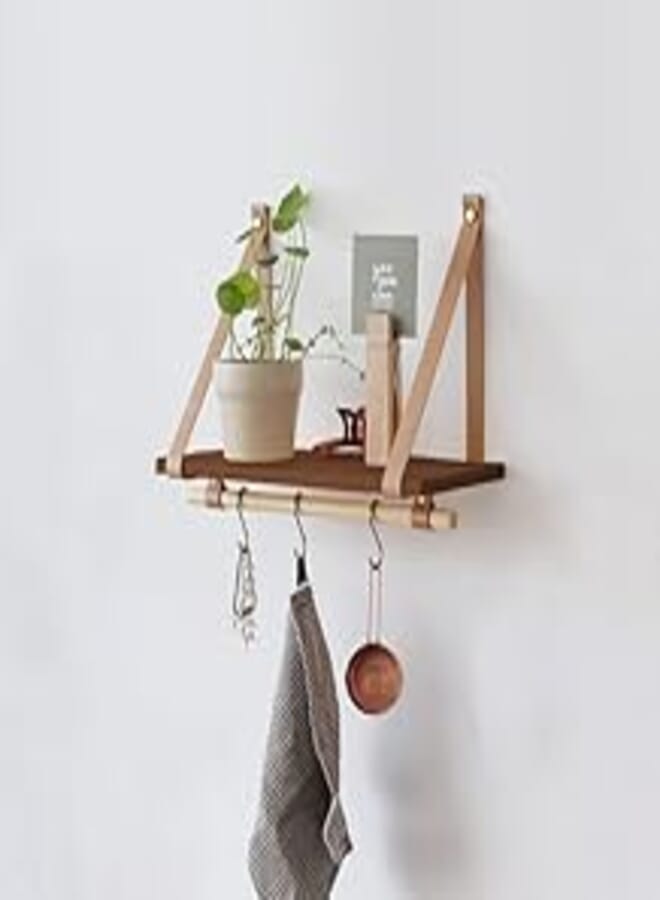 Home Gallery PU Biege Leather Strap Wall Floating Shelf 45X20 Brown 