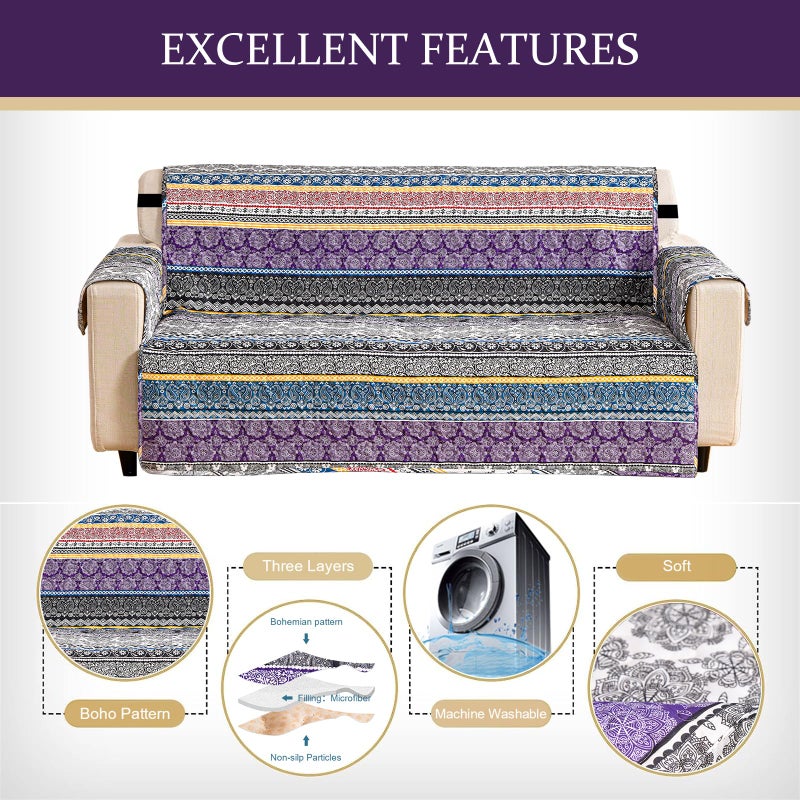 Yiran Boho Bohemian Sofa Cover Slipcover with Non-Slip Particles and Elastic Strap Mandala Couch Cover Furniture Protector for Kids Dogs Pets,Soft Microfiber,3 Seater (Sitting Area 66 inch) - Image 4