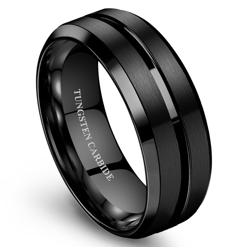 Jstyle Tungsten Wedding Rings for Men Black Mens Wedding Band 8MM Mens Engagement Rings Groove Beveled Edges High Polish/Matte Finish Men's Promise Ring Comfort Fit Size 10 - Image 1