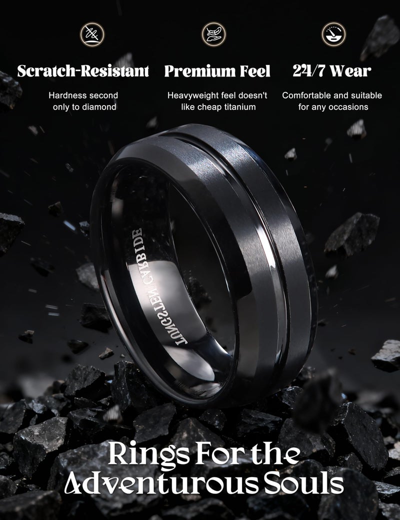Jstyle Tungsten Wedding Rings for Men Black Mens Wedding Band 8MM Mens Engagement Rings Groove Beveled Edges High Polish/Matte Finish Men's Promise Ring Comfort Fit Size 10 - Image 3