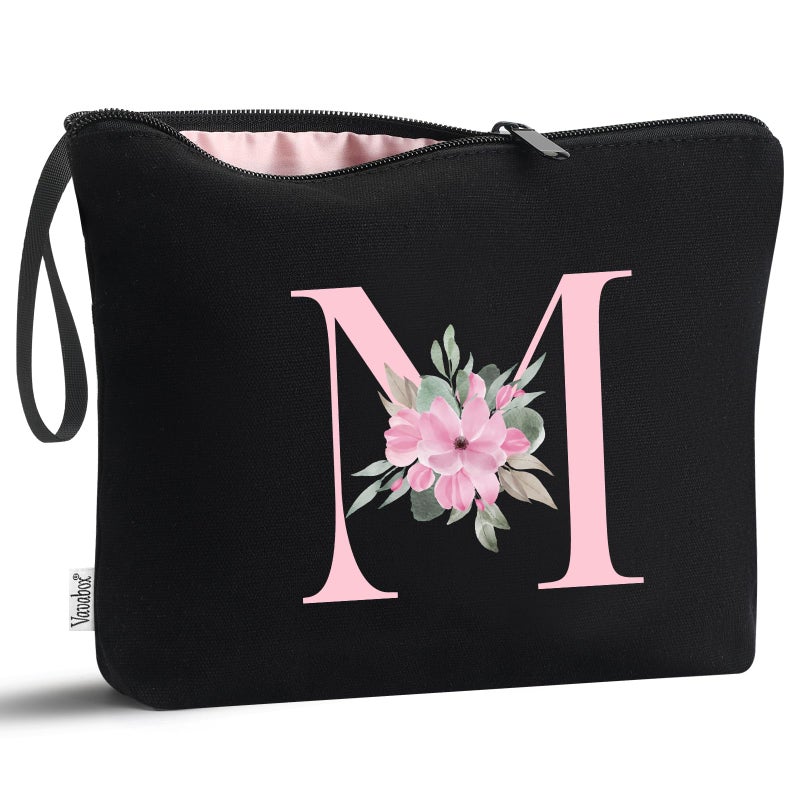 Vavabox A-Z Personalized Makeup Bag, Birthday Gifts for Women Mom, Gifts for Best Friend, Bride Bridesmaid Cosmetic bag (M, Black) - Image 1