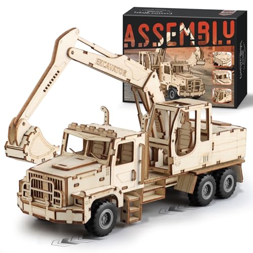 MOCBURIKU 3D Wooden Puzzle for Adults Excavator Wooden Mechanical Model Car Kits to Build Brain Teaser Pull Back Truck Toys Birthday for Men Women Excavator - Image 1