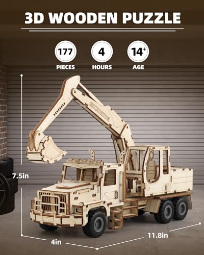 MOCBURIKU 3D Wooden Puzzle for Adults Excavator Wooden Mechanical Model Car Kits to Build Brain Teaser Pull Back Truck Toys Birthday for Men Women Excavator - Image 5