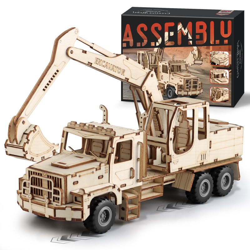 MOCBURIKU 3D Wooden Puzzle for Adults Excavator Wooden Mechanical Model Car Kits to Build Brain Teaser Pull Back Truck Toys Birthday for Men Women Excavator - Image 3