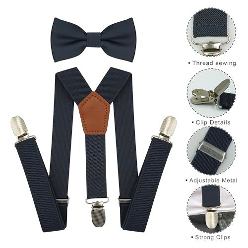 BEWDIO Toddler Suspenders and Bow Tie Set, Dark Gray Bowtie and Suspenders with 4 Strong Metal Clips (71-09) - Image 2