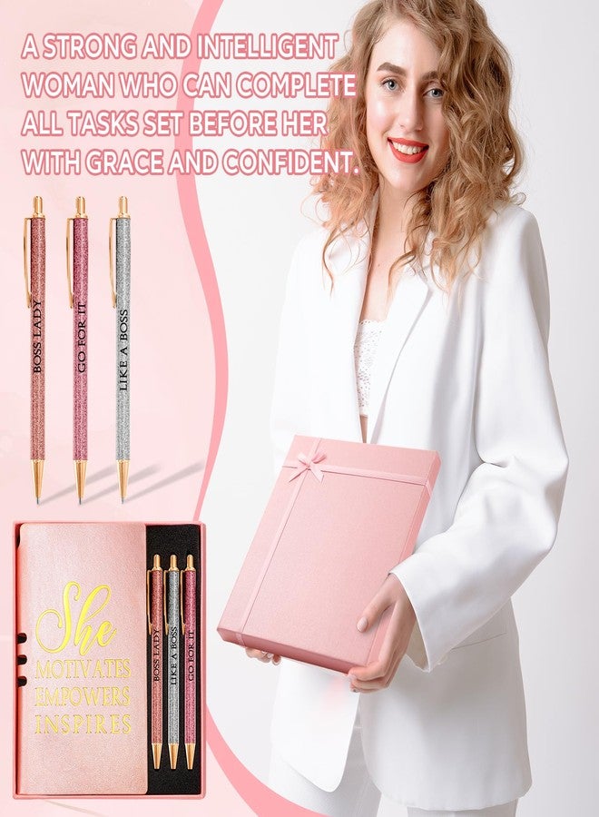 Resurhang 5 Pcs Best Boss Ever Gift Box Set Inspirational She Motivates Empowers Inspires Sign Leather Journal Notebook 3 Ballpoint Pens with Gift Box Boss Gift for Leader Lady Coworker (Pink) - Image 5