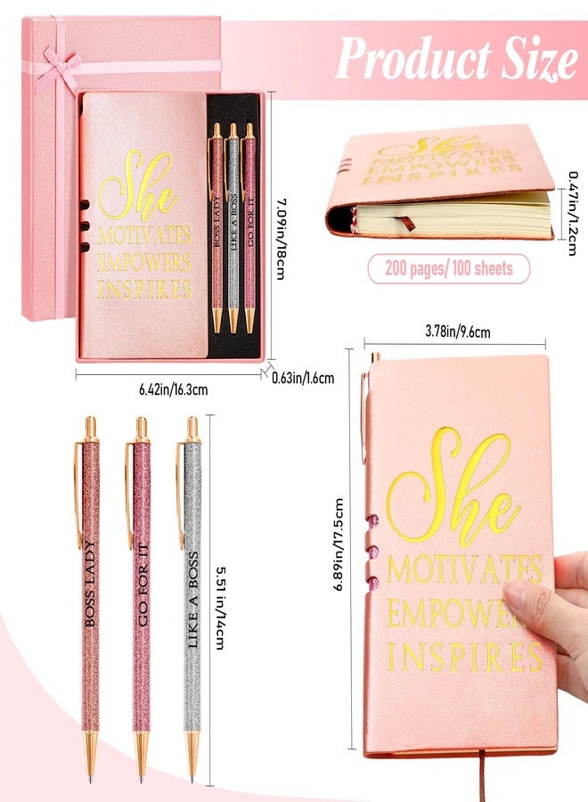 Resurhang 5 Pcs Best Boss Ever Gift Box Set Inspirational She Motivates Empowers Inspires Sign Leather Journal Notebook 3 Ballpoint Pens with Gift Box Boss Gift for Leader Lady Coworker (Pink) - Image 2