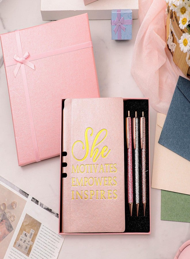 Resurhang 5 Pcs Best Boss Ever Gift Box Set Inspirational She Motivates Empowers Inspires Sign Leather Journal Notebook 3 Ballpoint Pens with Gift Box Boss Gift for Leader Lady Coworker (Pink) - Image 4