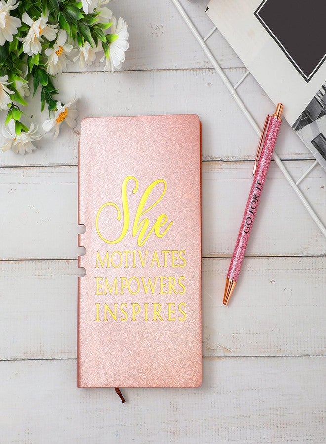 Resurhang 5 Pcs Best Boss Ever Gift Box Set Inspirational She Motivates Empowers Inspires Sign Leather Journal Notebook 3 Ballpoint Pens with Gift Box Boss Gift for Leader Lady Coworker (Pink) - Image 3