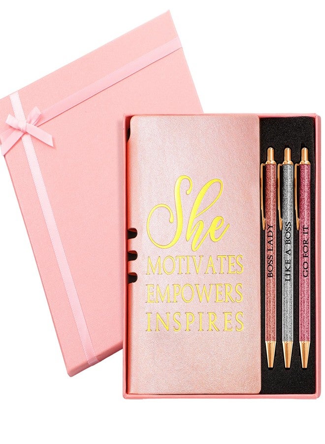 Resurhang 5 Pcs Best Boss Ever Gift Box Set Inspirational She Motivates Empowers Inspires Sign Leather Journal Notebook 3 Ballpoint Pens with Gift Box Boss Gift for Leader Lady Coworker (Pink) - Image 1