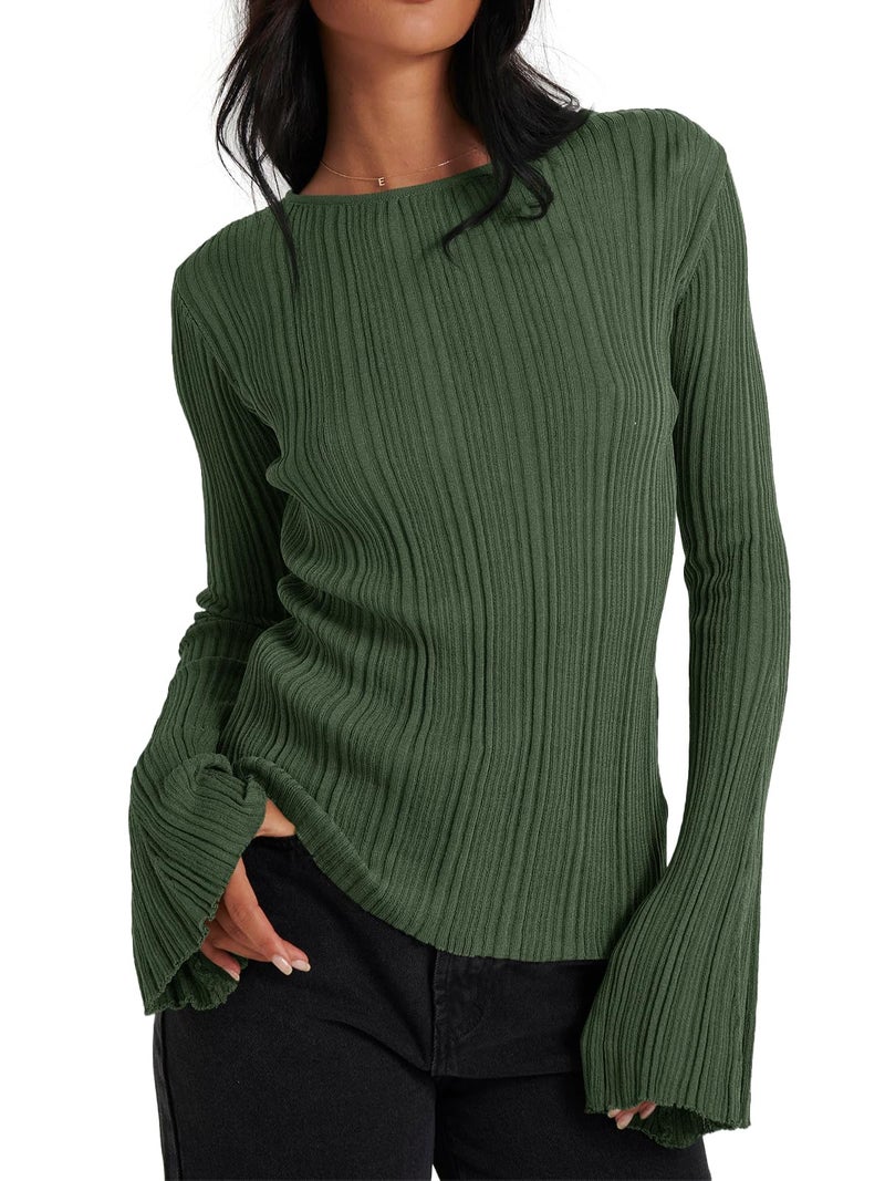 Cicy Bell Womens Bell Long Sleeve Tops Going Out Knitted Fall Pullover Lightweight Sweater Shirts Green - Image 1