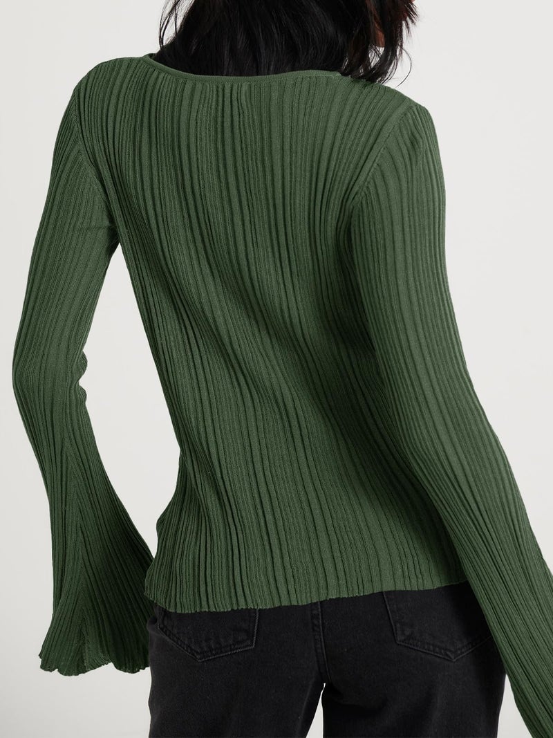 Cicy Bell Womens Bell Long Sleeve Tops Going Out Knitted Fall Pullover Lightweight Sweater Shirts Green - Image 4