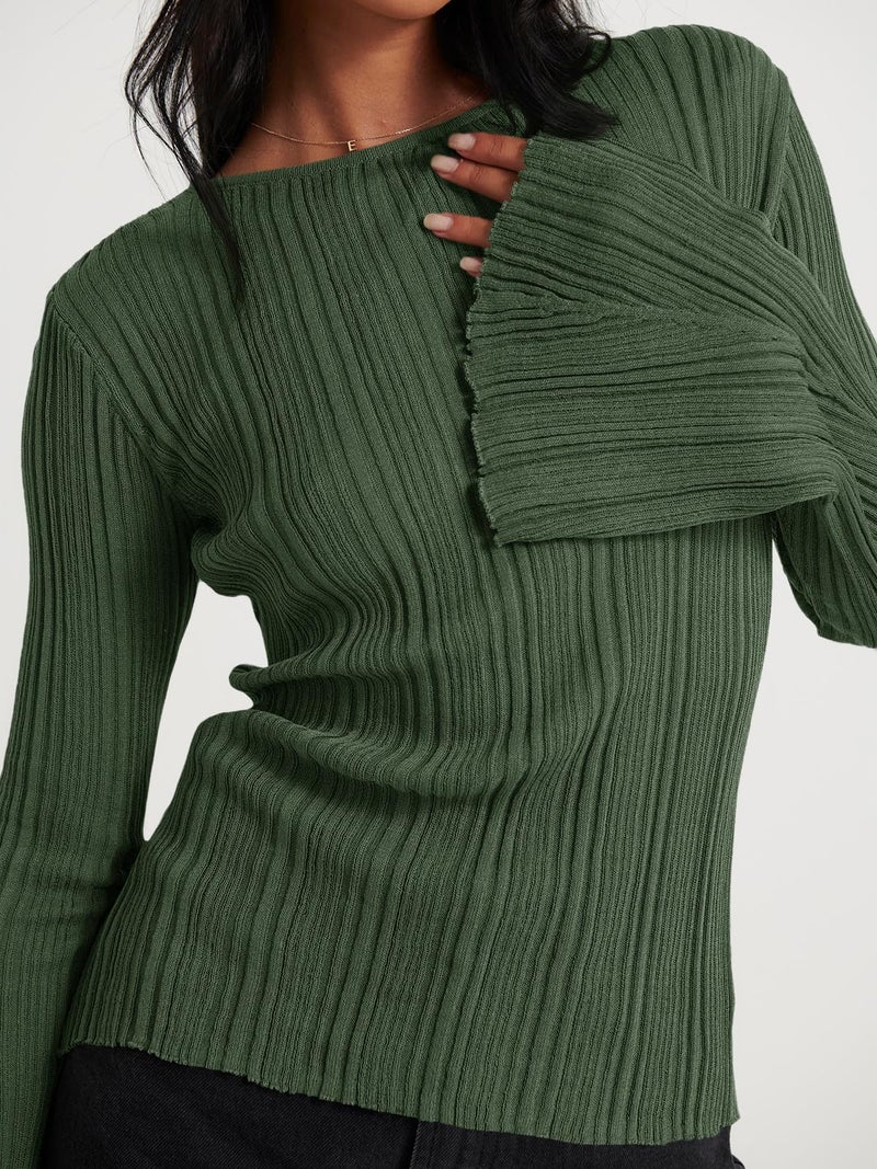 Cicy Bell Womens Bell Long Sleeve Tops Going Out Knitted Fall Pullover Lightweight Sweater Shirts Green - Image 2