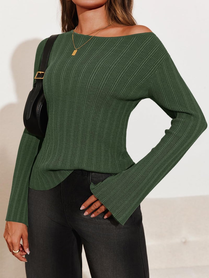 Cicy Bell Womens Bell Long Sleeve Tops Going Out Knitted Fall Pullover Lightweight Sweater Shirts Green - Image 3