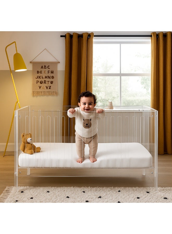 LAMSIT IBDAA Acrylic Baby Bed – 80x60x80 cm – Clear Modern Toddler Crib with High-Density Foam Mattress – Luxury Transparent Cradle for Babies up to 6 Months – Easy Assembly & Safe Design - Image 4