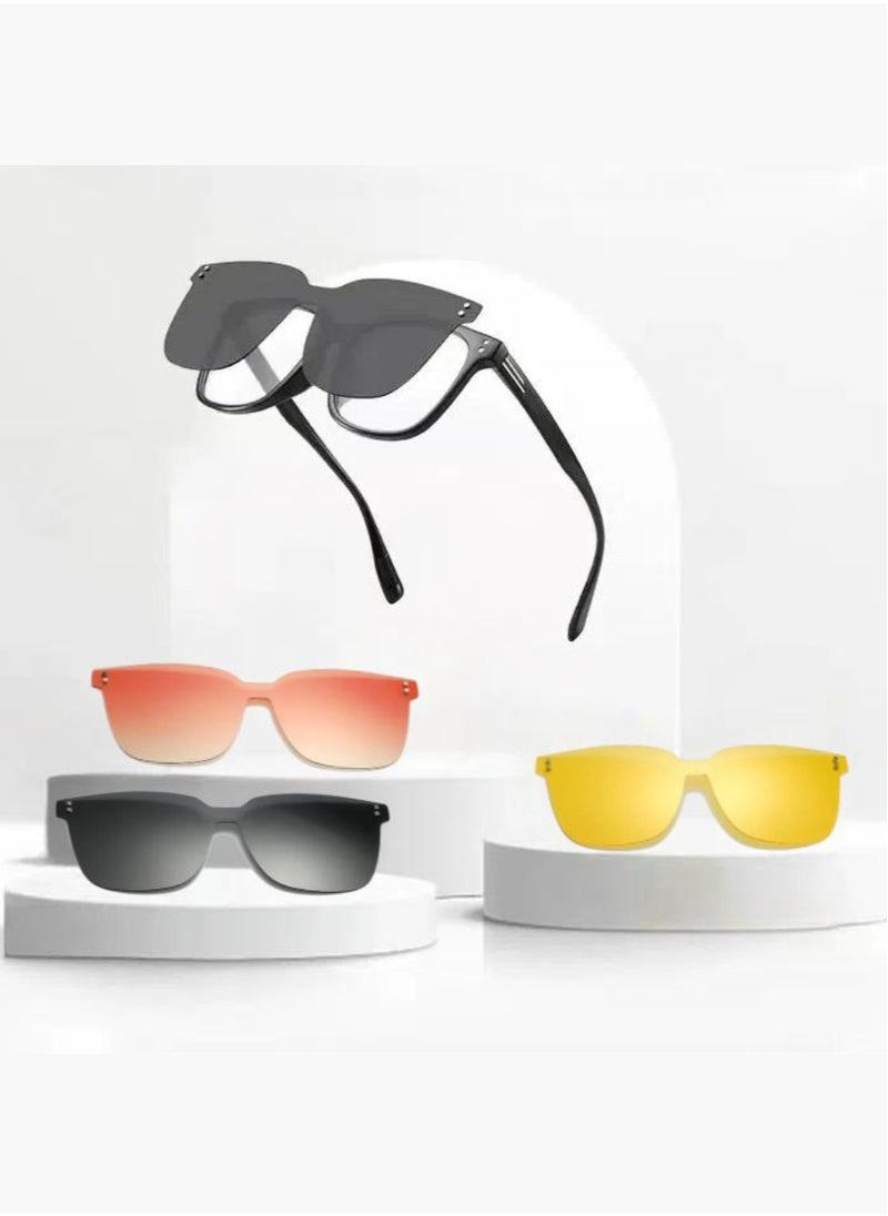 4-in-1 Magnetic Clip-On Sunglasses Set, Anti Blue Light Glasses with Magnetic Polarized and Night Vision Lens, Versatile Eyewear for Day and Night Use, for Men and Women, Multicolor