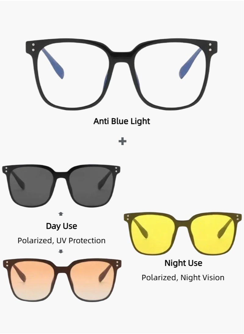 4-in-1 Magnetic Clip-On Sunglasses Set, Anti Blue Light Glasses with Magnetic Polarized and Night Vision Lens, Versatile Eyewear for Day and Night Use, for Men and Women, Multicolor