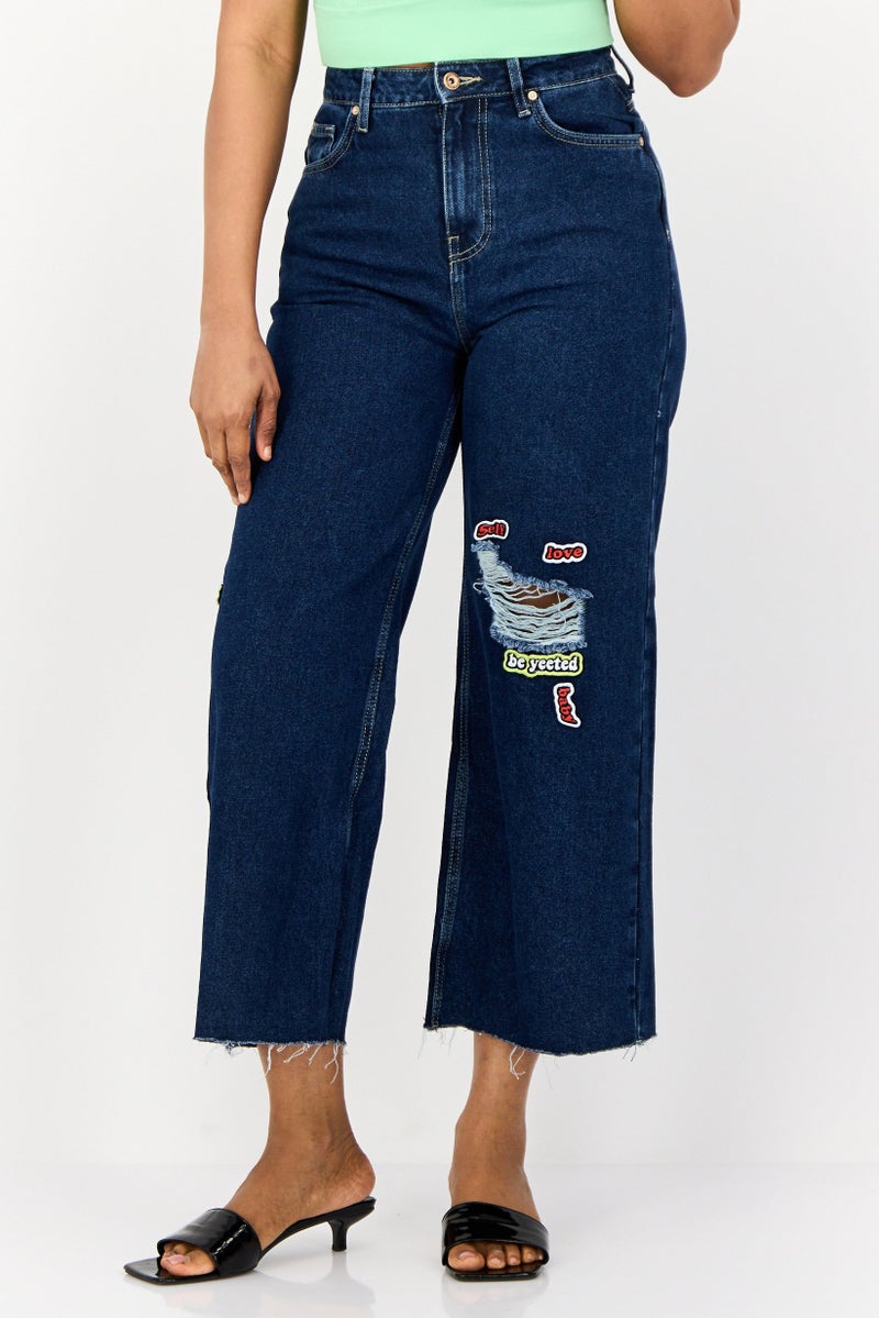 ONLY Women Wide Fit High Rise Ripped Non Stretch Denim Jeans, Navy  - Image 1