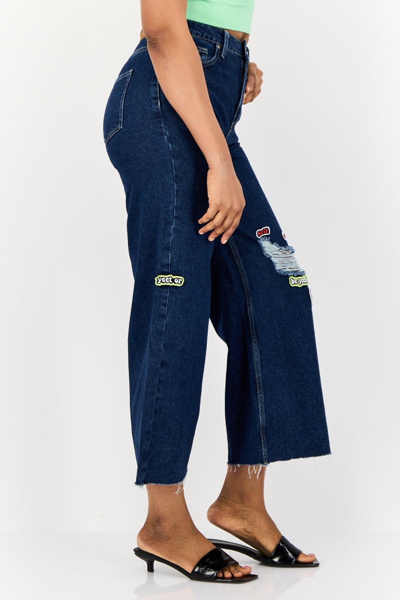 ONLY Women Wide Fit High Rise Ripped Non Stretch Denim Jeans, Navy - Image 4