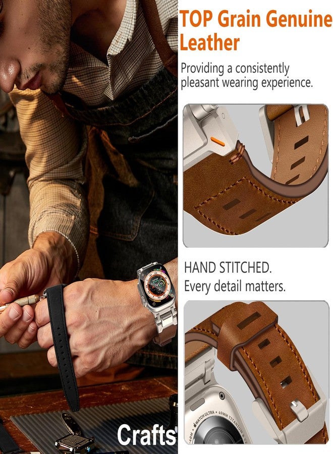WINGLE Leather Bands for Apple Watch Band Ultra 3/2/1 Band Ultra 49mm Series 11 10 46mm 45mm 44mm 42mm SE 3/2/1 9 8 7 6 5 4 3 2 1 Men, Genuine Leather Rugged Metal Connector iWatch Sport Bands, Brown - Image 5