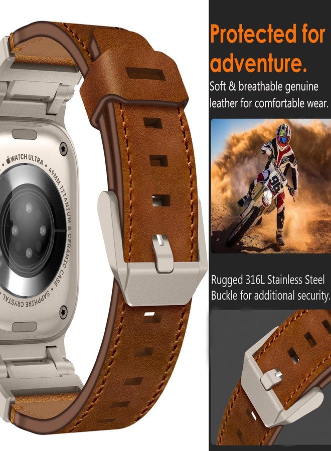 WINGLE Leather Bands for Apple Watch Band Ultra 3/2/1 Band Ultra 49mm Series 11 10 46mm 45mm 44mm 42mm SE 3/2/1 9 8 7 6 5 4 3 2 1 Men, Genuine Leather Rugged Metal Connector iWatch Sport Bands, Brown - Image 3