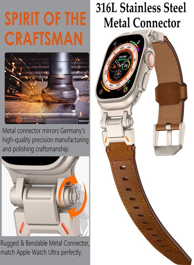 WINGLE Leather Bands for Apple Watch Band Ultra 3/2/1 Band Ultra 49mm Series 11 10 46mm 45mm 44mm 42mm SE 3/2/1 9 8 7 6 5 4 3 2 1 Men, Genuine Leather Rugged Metal Connector iWatch Sport Bands, Brown - Image 4