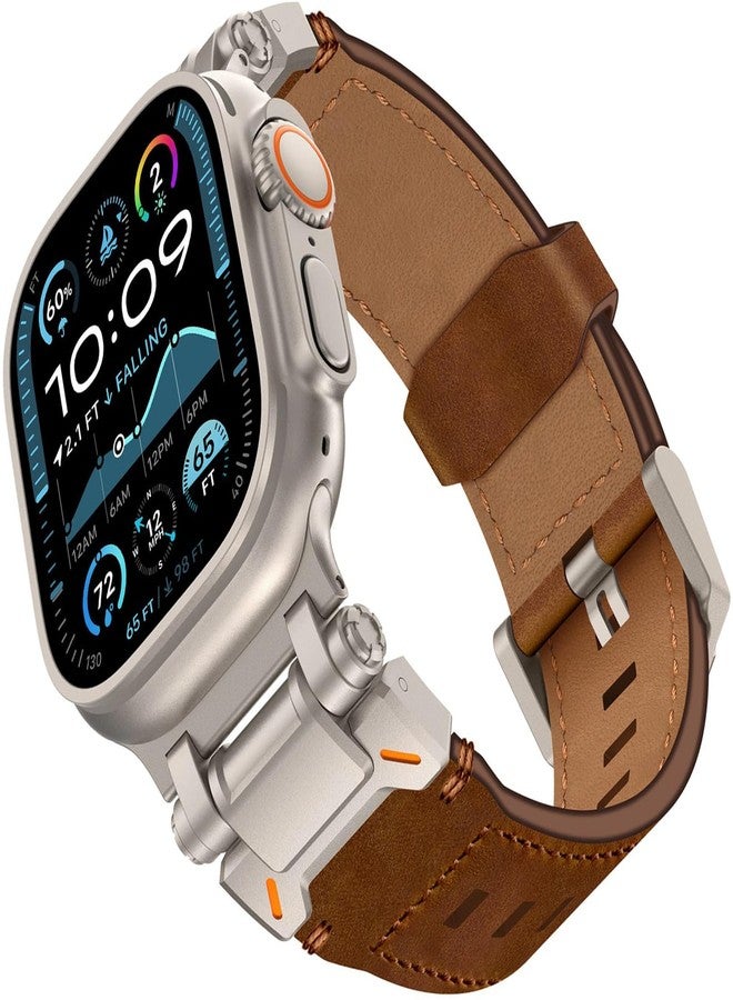 WINGLE Leather Bands for Apple Watch Band Ultra 3/2/1 Band Ultra 49mm Series 11 10 46mm 45mm 44mm 42mm SE 3/2/1 9 8 7 6 5 4 3 2 1 Men, Genuine Leather Rugged Metal Connector iWatch Sport Bands, Brown - Image 1
