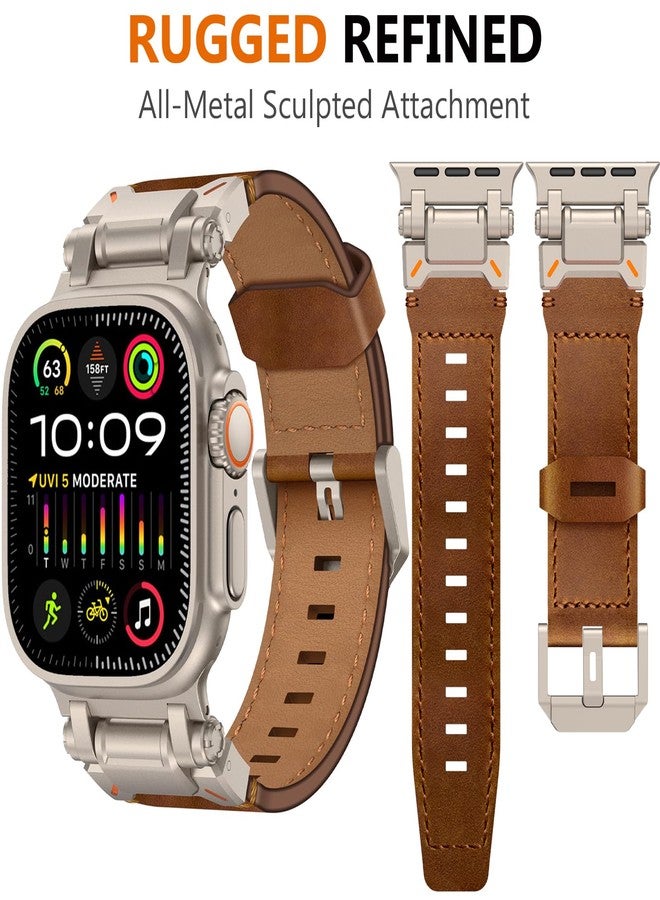 WINGLE Leather Bands for Apple Watch Band Ultra 3/2/1 Band Ultra 49mm Series 11 10 46mm 45mm 44mm 42mm SE 3/2/1 9 8 7 6 5 4 3 2 1 Men, Genuine Leather Rugged Metal Connector iWatch Sport Bands, Brown - Image 2