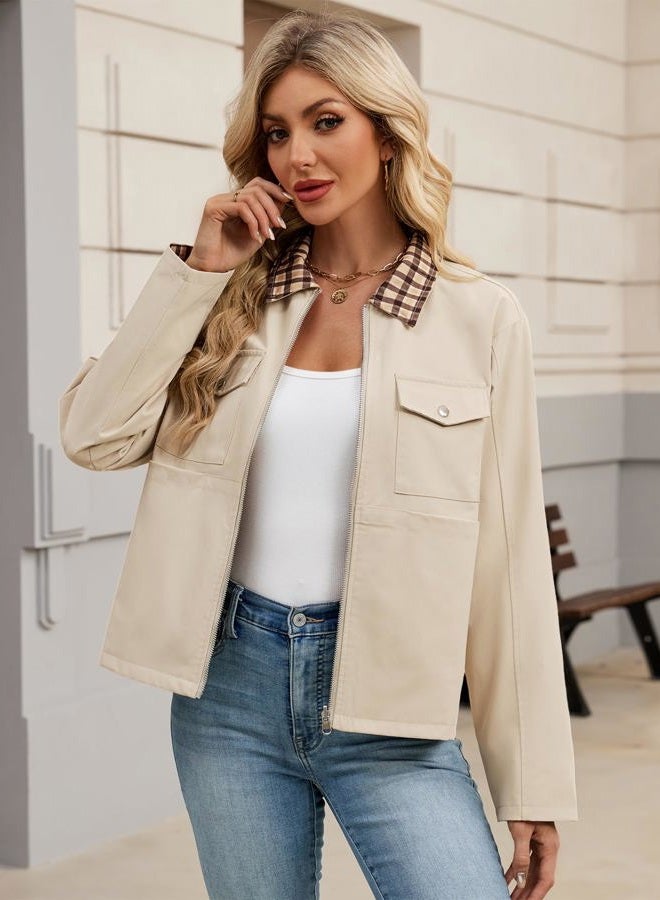 UEAL Womens Zip Up Lightweight Plaid Bomber Jacket 2025 Casual Long Sleeve Outwear With Pockets, Khaki, XXL - Image 3