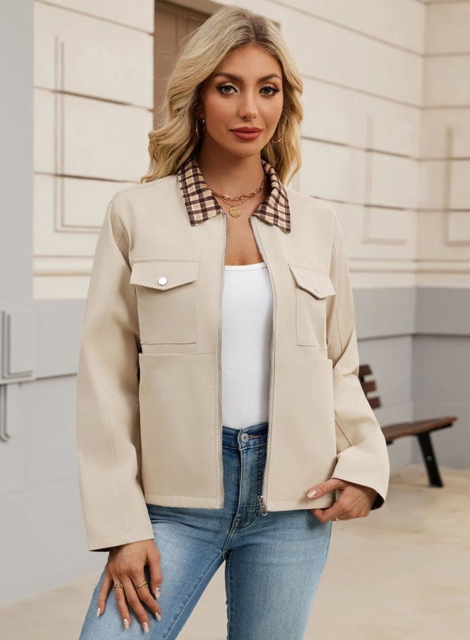 UEAL Womens Zip Up Lightweight Plaid Bomber Jacket 2025 Casual Long Sleeve Outwear With Pockets, Khaki, XXL - Image 2