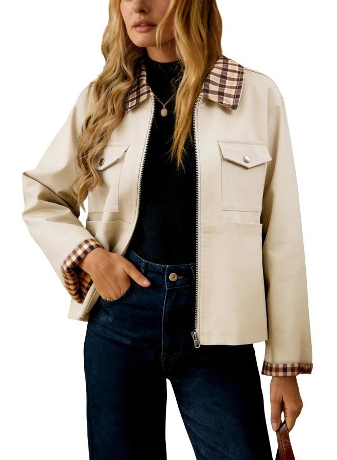 UEAL Womens Zip Up Lightweight Plaid Bomber Jacket 2025 Casual Long Sleeve Outwear With Pockets, Khaki, XXL - Image 1