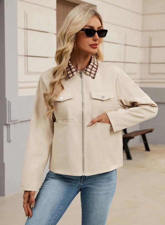 UEAL Womens Zip Up Lightweight Plaid Bomber Jacket 2025 Casual Long Sleeve Outwear With Pockets, Khaki, XXL - Image 5