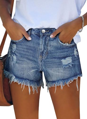 KISSMODA Denim Shorts for Women Frayed Raw Hem Ripped Jeans Retro Mom Short Dark Blue Medium - Image 1