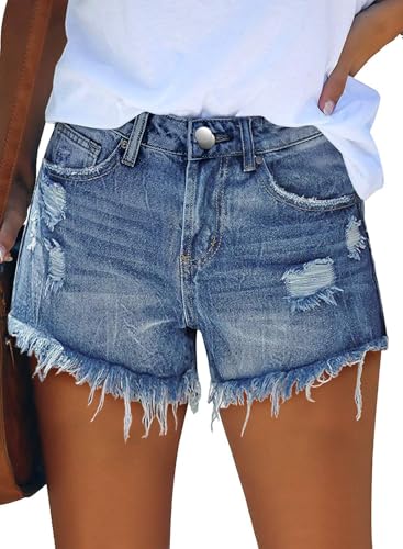 KISSMODA Denim Shorts for Women Frayed Raw Hem Ripped Jeans Retro Mom Short Dark Blue Medium - Image 2