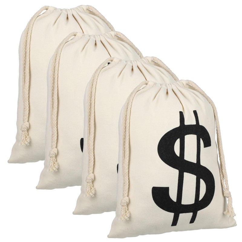 LEIFIDE 4 Pcs Canvas Money Bag Pouch with Drawstring Dollar Sign Carrying Sack Costume Props Canvas Coin Bag for Halloween Cosplay (9 x 12 Inch) - Image 1