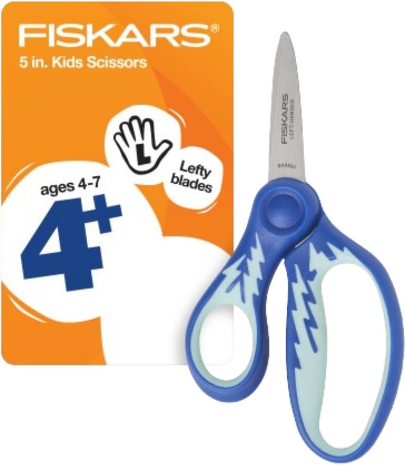 Fiskars 5 Softgrip LeftHanded PointedTip Scissors for Kids Ages 47 LeftHanded Scissors for School or Crafting Back to School Supplies Blue Lightning - Image 1