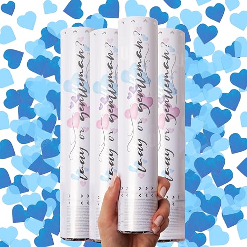 PrimePure Gender Reveal Confetti Cannon Biodegradable Heart Shaped Confetti Poppers Blue 4 Pack Baby Boy Gender Reveal Party Poppers Blue Paper Baby Party Supplies Pop Gun - Image 1