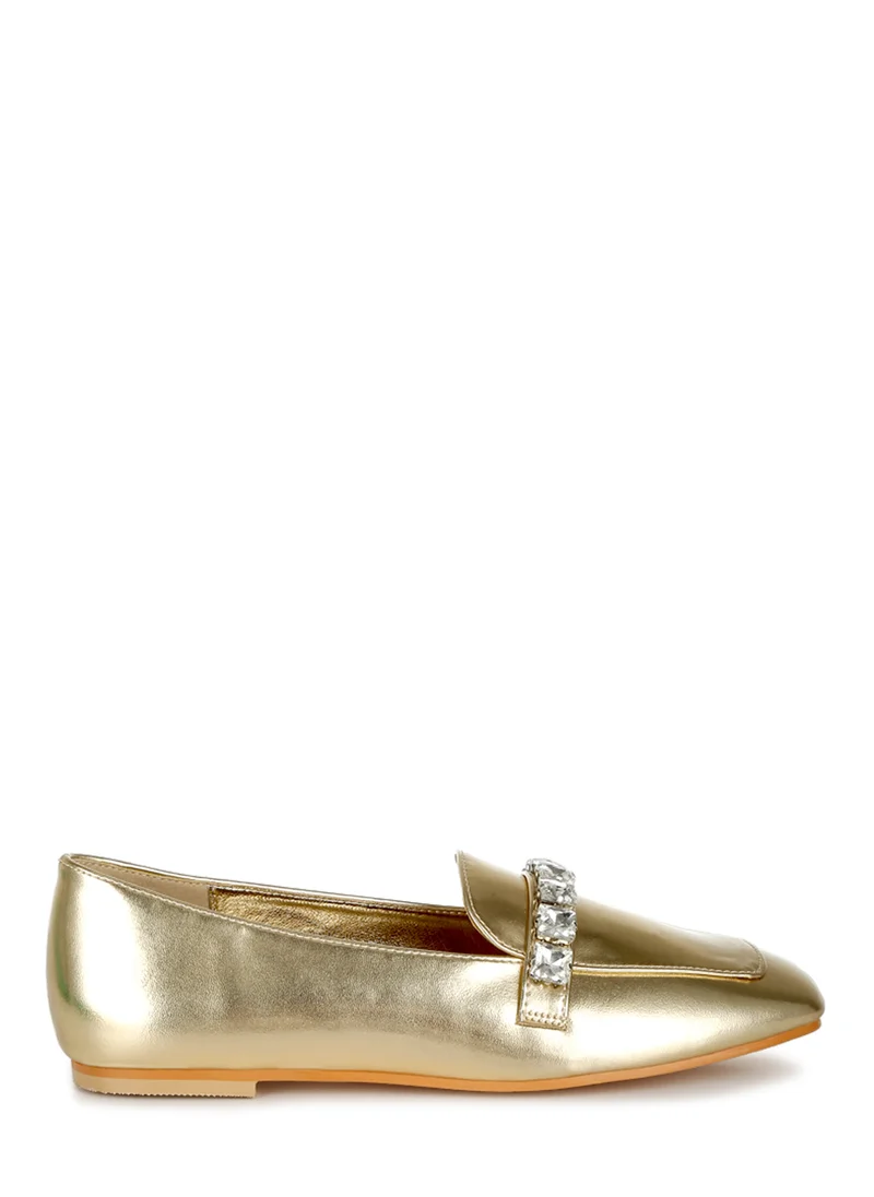 London Rag Metallic Diamante Strap Loafers in Gold