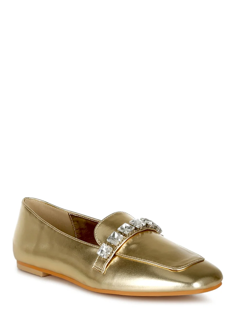 London Rag Metallic Diamante Strap Loafers in Gold