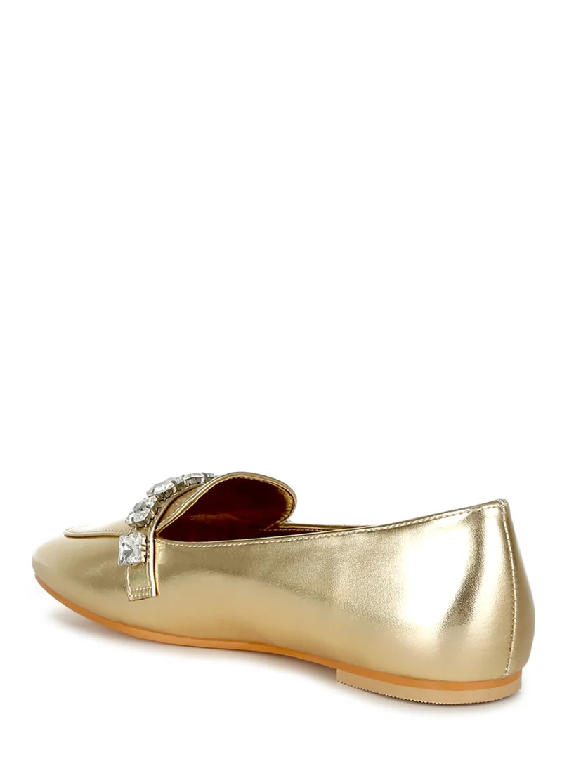 London Rag Metallic Diamante Strap Loafers in Gold