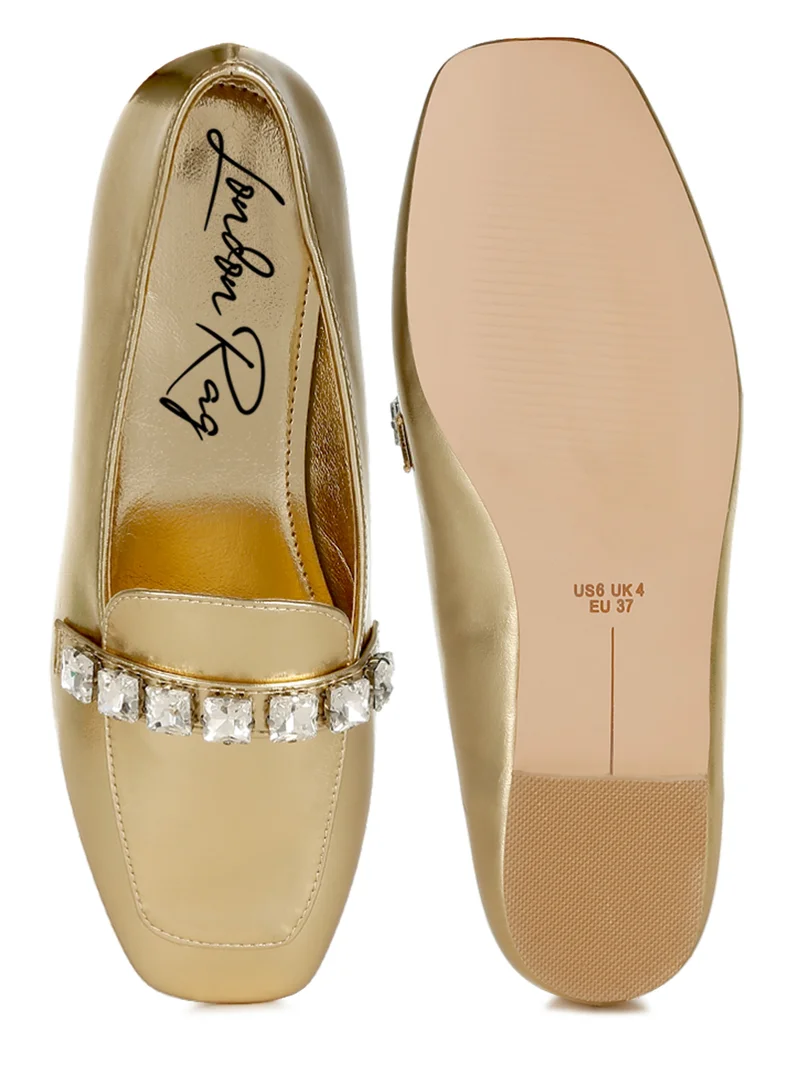 London Rag Metallic Diamante Strap Loafers in Gold
