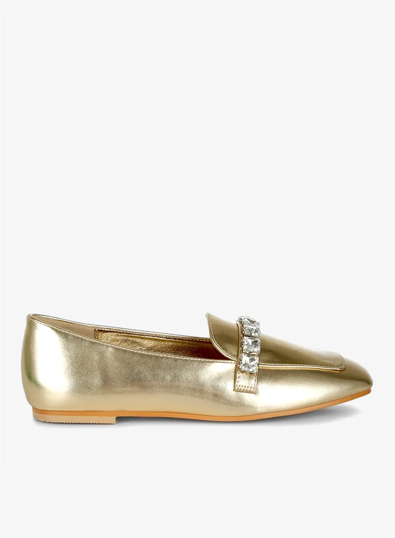 Metallic Diamante Strap Loafers in Gold