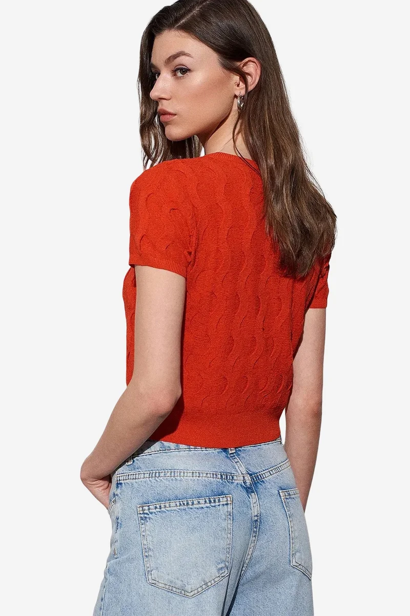 Dilvin Bright Orange DILVIN Women's Cropped Jacquard Button Cardigan for Women | Best Price UAE