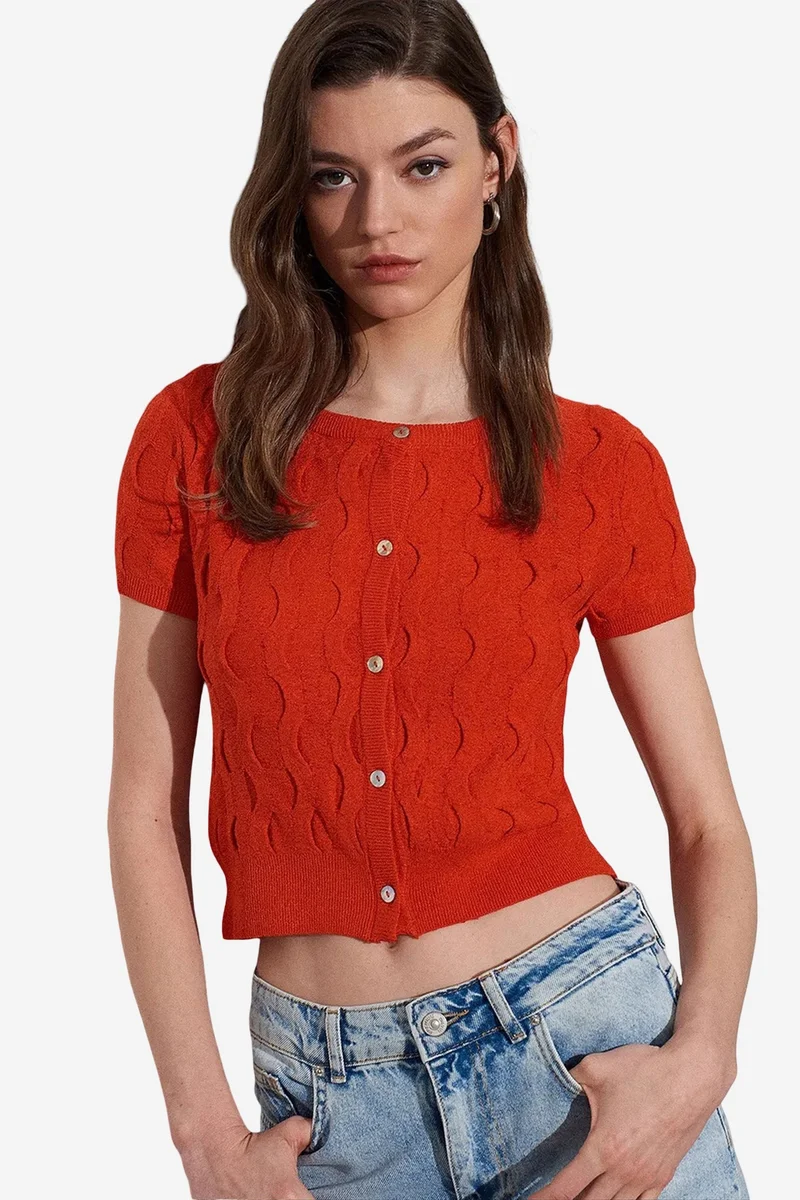 Dilvin Bright Orange DILVIN Women's Cropped Jacquard Button Cardigan for Women | Best Price UAE